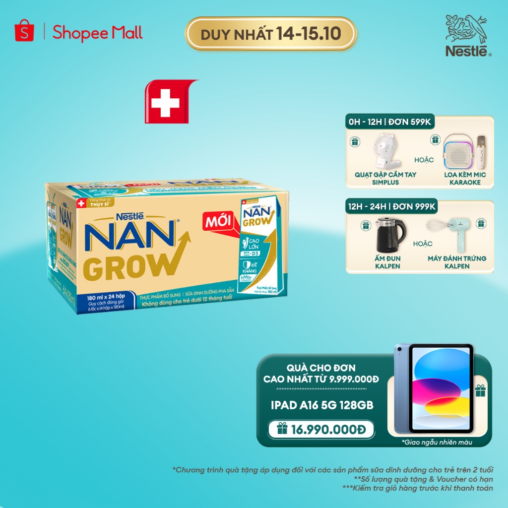 Sữa Pha Sẵn Nestlé NANGROW Cho Trẻ Từ 1 Tuổi, Công Thức Thụy Sĩ Giúp Bé Cao Lớn Vượt Trội, Thùng (24 Hộp x 180ml)