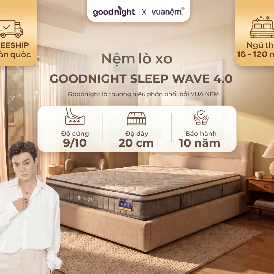 (15.10 Tặng đôi gối + ga) Nệm Lò Xo Vua Nệm Goodnight Sleep wave Hybrid 20cm, Đệm Lò Xo Khách Sạn Cách Ly Chuyển Động