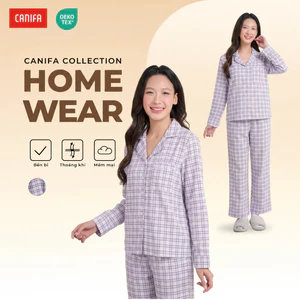 Bộ Pyjama nữ CANIFA kẻ caro phong cách Vintage, Set Pyjama nữ dài tay quần dài mặc nhà, Bộ ngủ nữ, Đồ ngủ nữ 6LS26W008