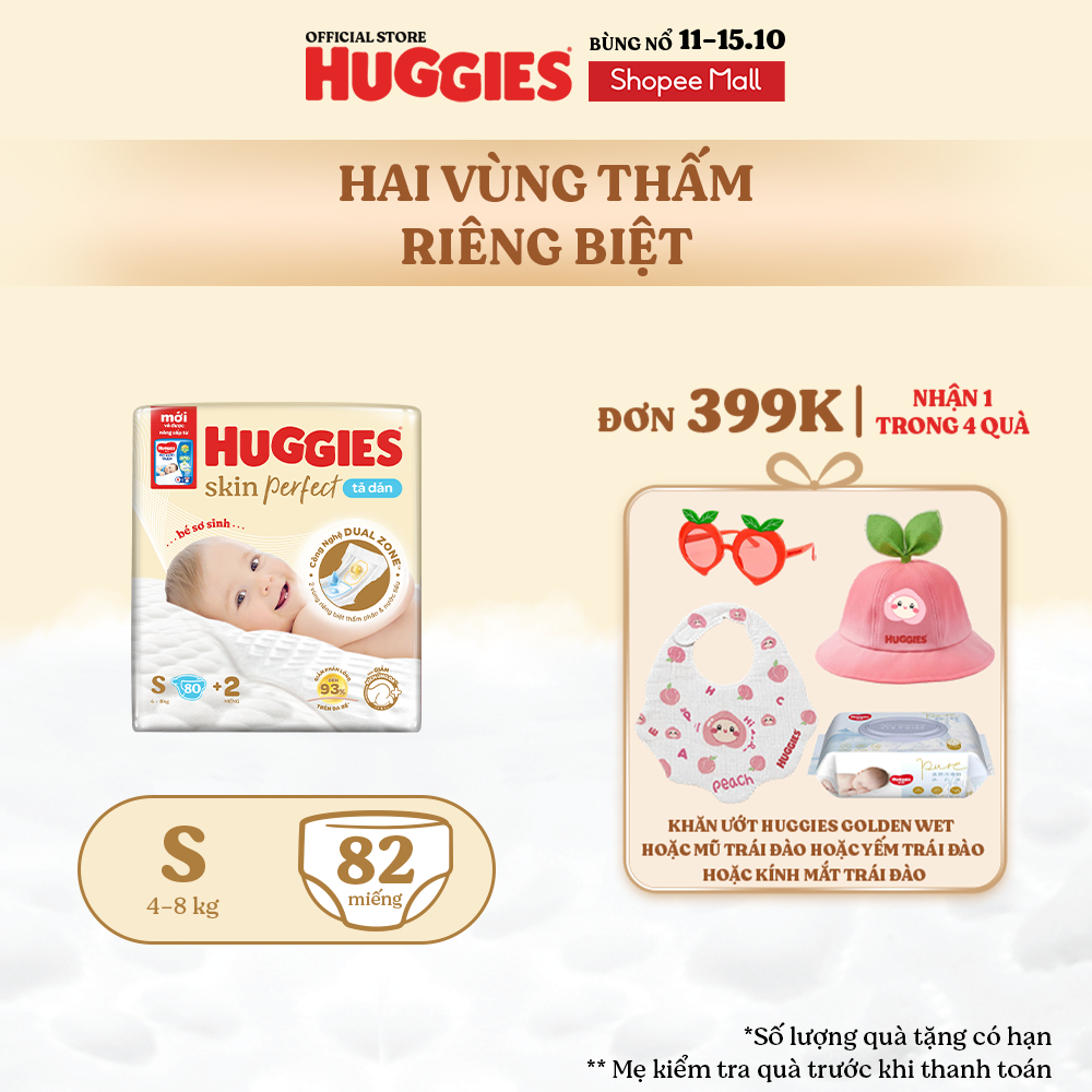 Tã/bỉm dán sơ sinh Huggies Skin Perfect S 80+2 miếng với 2 vùng thấm giảm kích ứng da