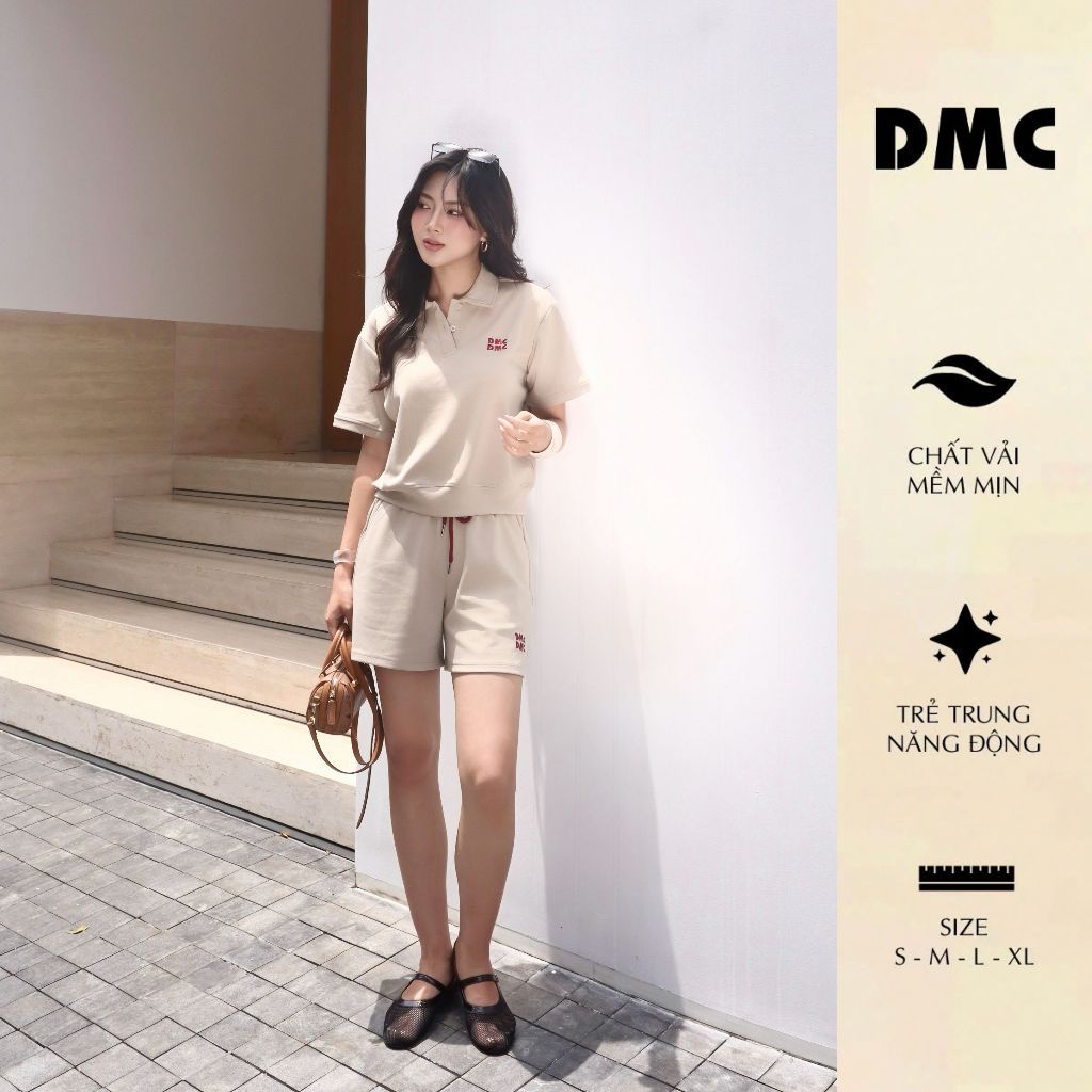 DMC Set Bộ Nữ Áo Polo Phối Cổ Quần Shorts - Beige Relaxed Cotton Polo And Shorts EC2