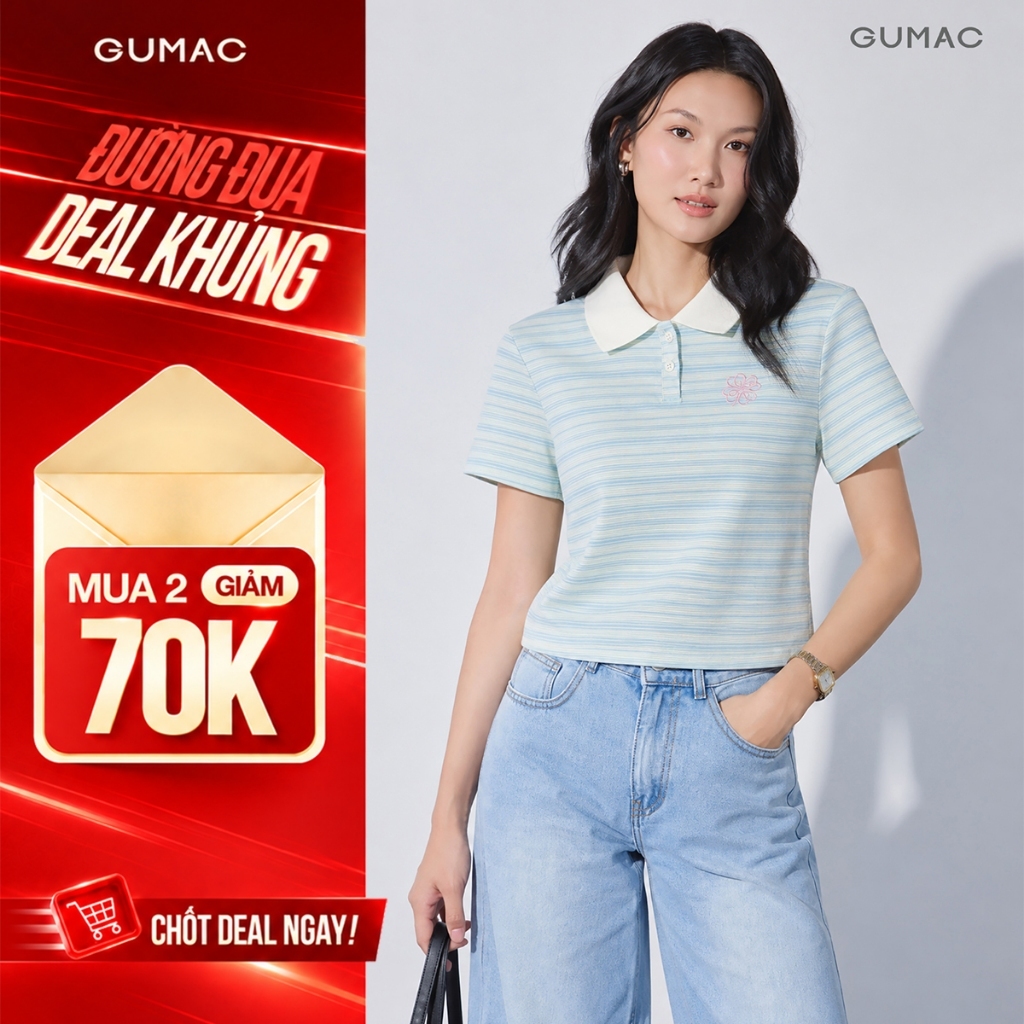[VOUCHER 70K] Áo Polo Nữ Gmorning - GUMAC Form Ôm Tay Ngắn Cổ Phối Bo Dệt Trắng Thân Trước Thêu Cỏ 4 Lá YAPG10030