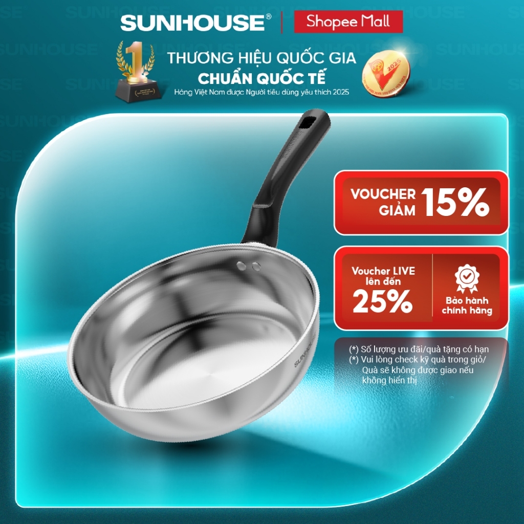 Chảo inox 304 đa lớp cao cấp SUNHOUSE INxxM19 - 3 lớp liền khối - Cán nhựa Bakelite cách nhiệt hiệu quả