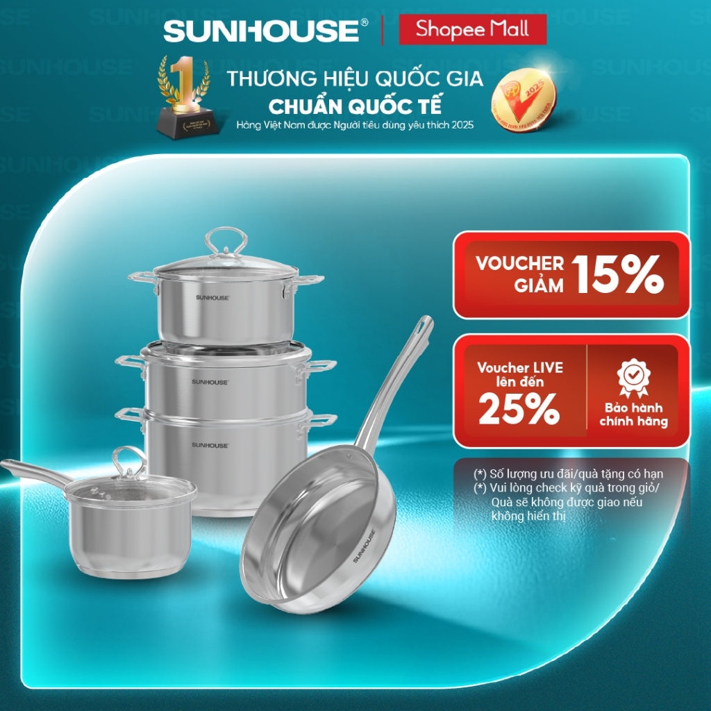 Bộ nồi chảo Inox Impact plus Sunhouse healthy SHG991 - Đáy từ 5 lớp bền bỉ -Dùng mọi loại bếp