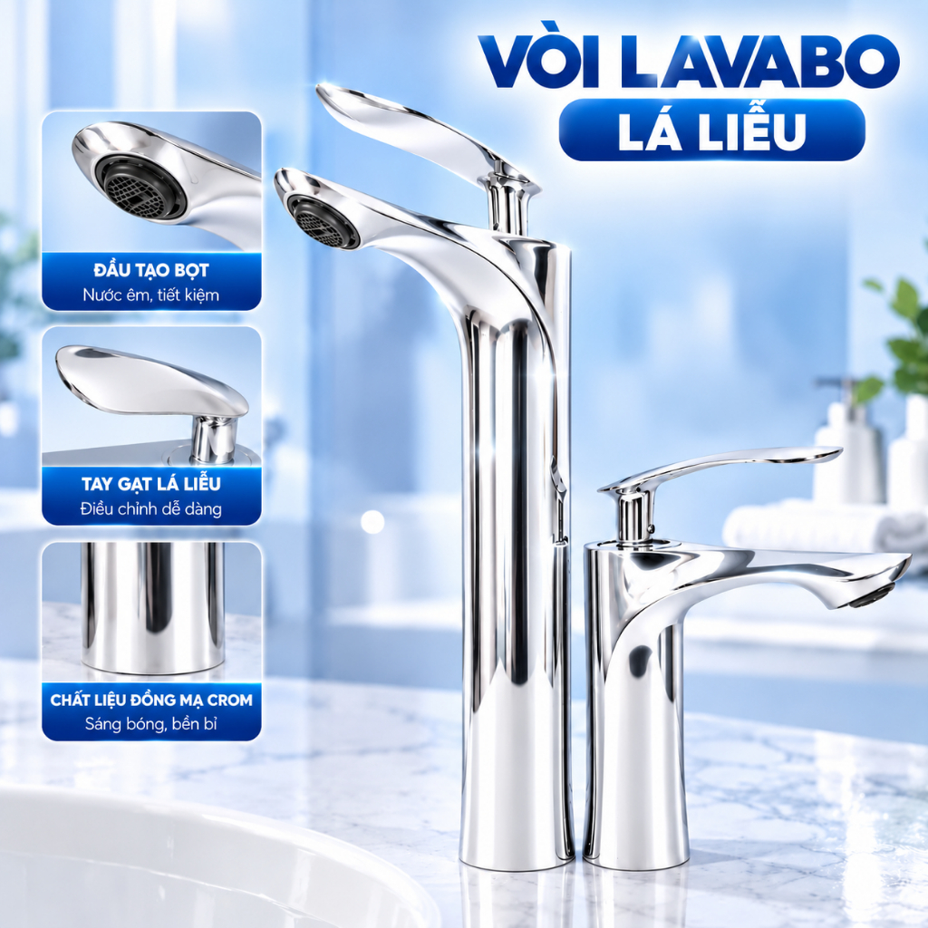 Vòi Lavabo nóng lạnh cho bồn rửa mặt kiểu dáng lá liễu, chất liệu đồng mạ Inox bóng sang trọng - VR001B1 và VR002B1