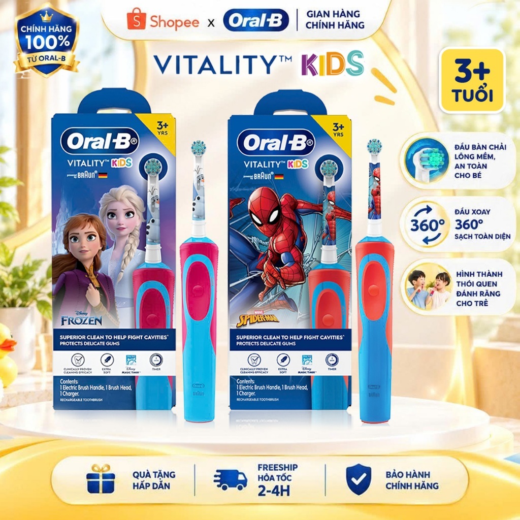 Bàn Chải Điện Cho Bé Chính Hãng Oral B Vitality Kids Spiderman/Elsa | An Toàn Cho Bé Lông Siêu Mềm, Sạch Sâu | 3+ Tuổi