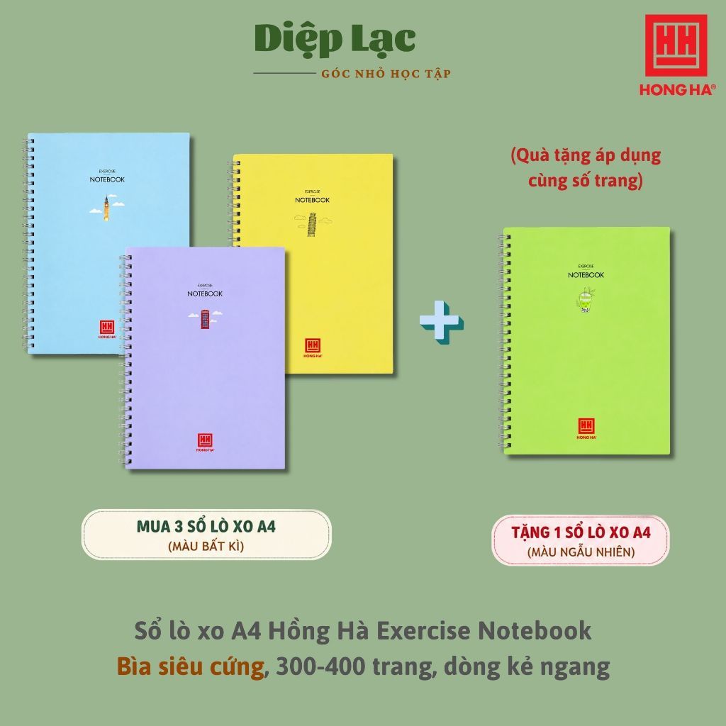 (Mua 3 tặng 1) Sổ lò xo A4 bìa siêu cứng Hồng Hà 300-400 trang kẻ ngang Exercise Notebook sổ ghi chép học sinh