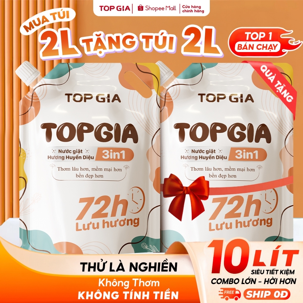 Nước Giặt TopGia 3in1 Hương Huyền Diệu Dịu Nhẹ Làm Sạch Vết Bẩn, Lưu Hương 72h, Túi 2L