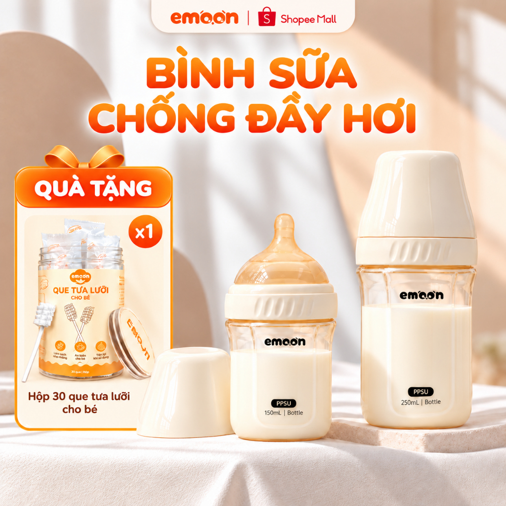 [DEAL MỞ BÁN] Bình sữa chống đầy hơi Emoon PPSU 150ml/250ml, núm ti silicone mềm, cổ rộng, van thông khí đáy bình