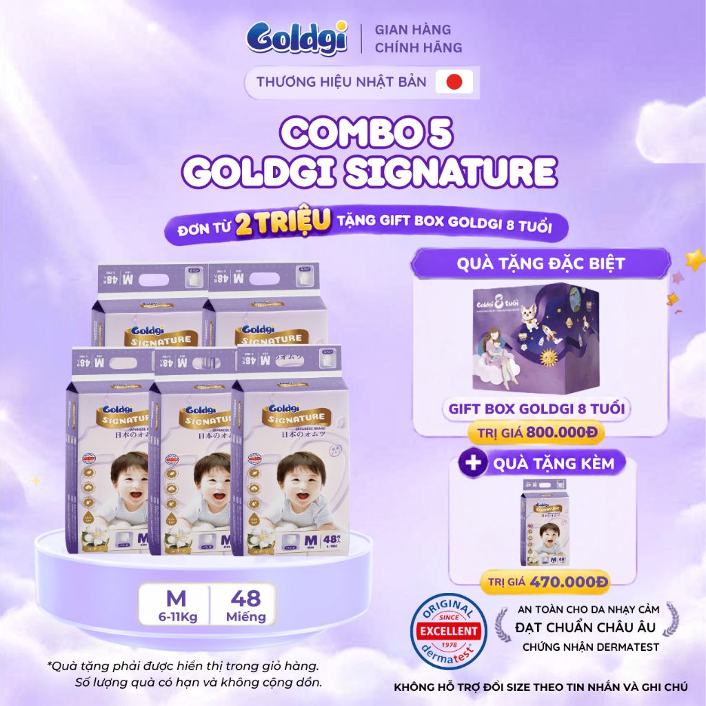 Combo 5 Bỉm quần Goldgi Signature cao cấp với tinh chất Saponin hỗ trợ ngừa hăm, dịu nhẹ với bé