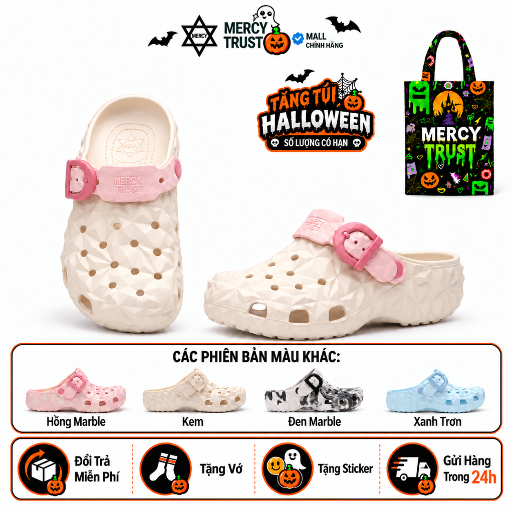 [Tặng Túi HALLOWEEN, Vớ, Sticker Ngẫu Nhiên] Dép Sục Nữ MERCY TRUST MC20 Vân Kim Cương Quai Khóa, EVA Êm Nhẹ Chống Trượt