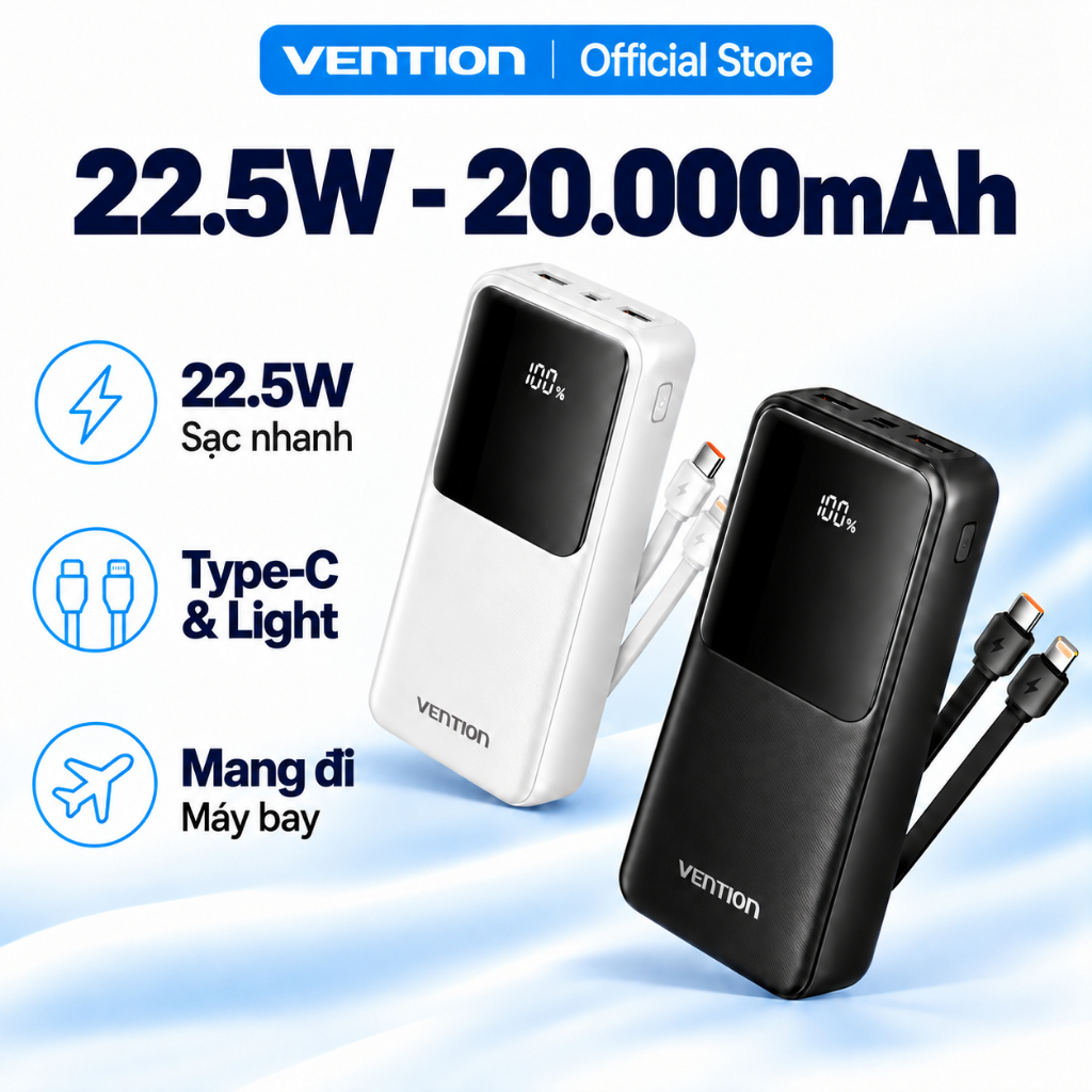 Sạc Dự Phòng Vention 20000mAh Sạc Nhanh 22.5W Tích Hợp Cáp Type-C Và Light Cho Điện Thoại, Tai Nghe