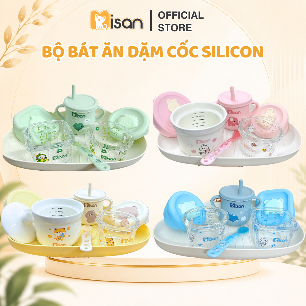 Bộ ăn dặm Misan cho bé kèm cốc tập hút silicon, khay ăn dặm, thìa báo nóng, bát sứ, hộp thủy tinh