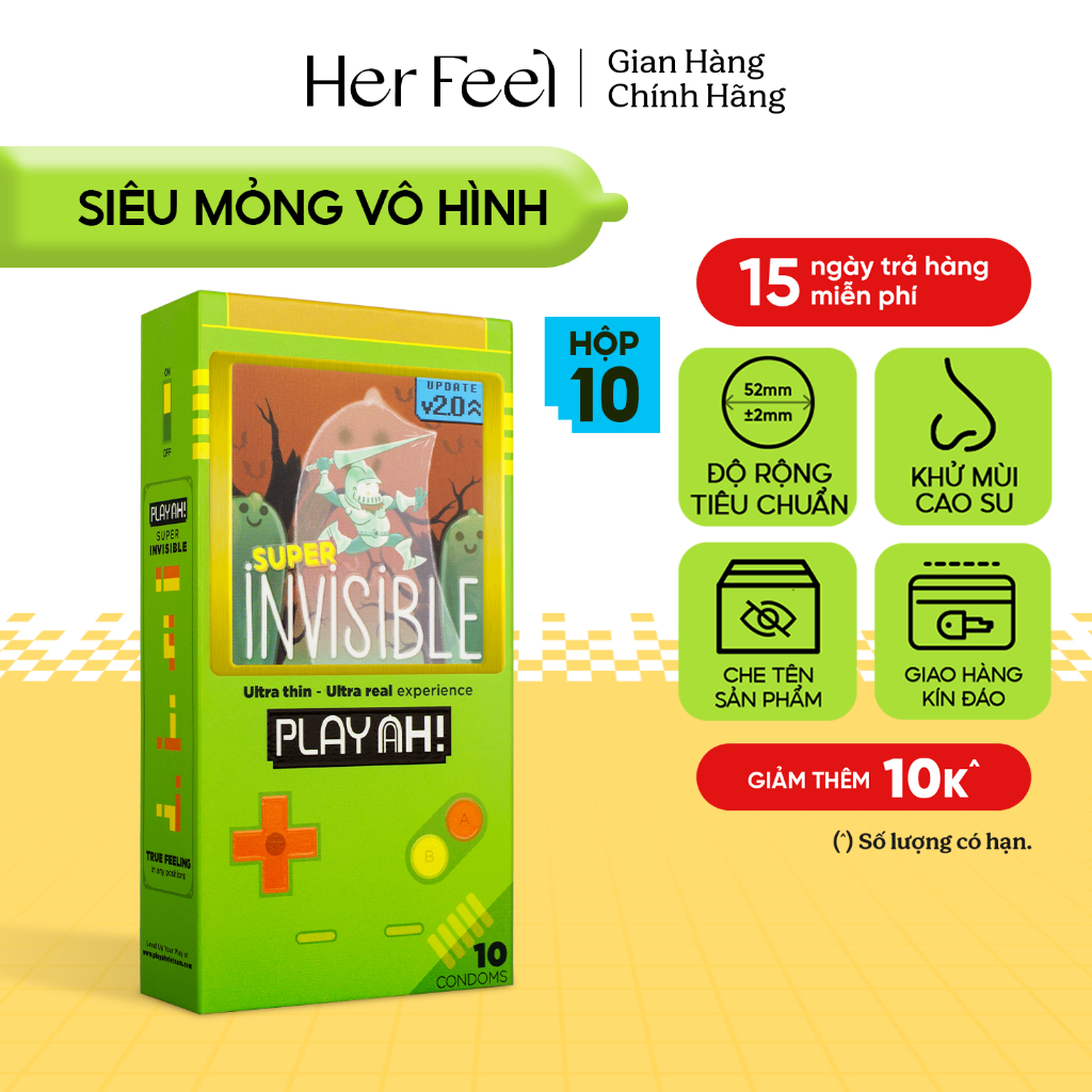 Bao Cao Su PlayAh Super Invisible Siêu Mỏng/ Nhiều Gel/ Kéo Dài Thời Gian/ Có Gai Hộp 10 size 52mm