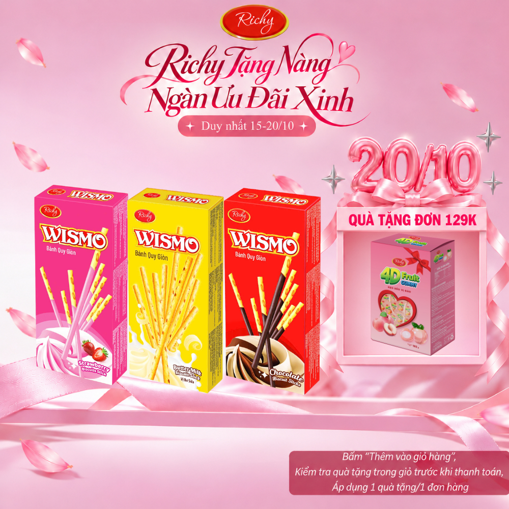 [HỎA TỐC HN] [Quà Tặng Đơn 129k] Bánh Que Giòn Richy Wismo Hộp 22g Đủ Vị: Bơ Trứng, Dâu & Socola