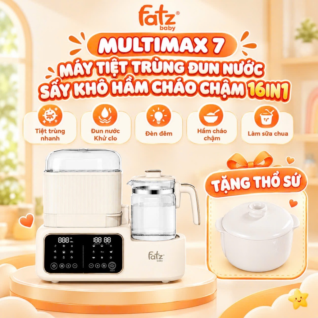 FatzBaby - MultiMax 7 - Tặng thố sứ - Máy tiệt trùng đun nước sấy khô hầm cháo chậm 16in1