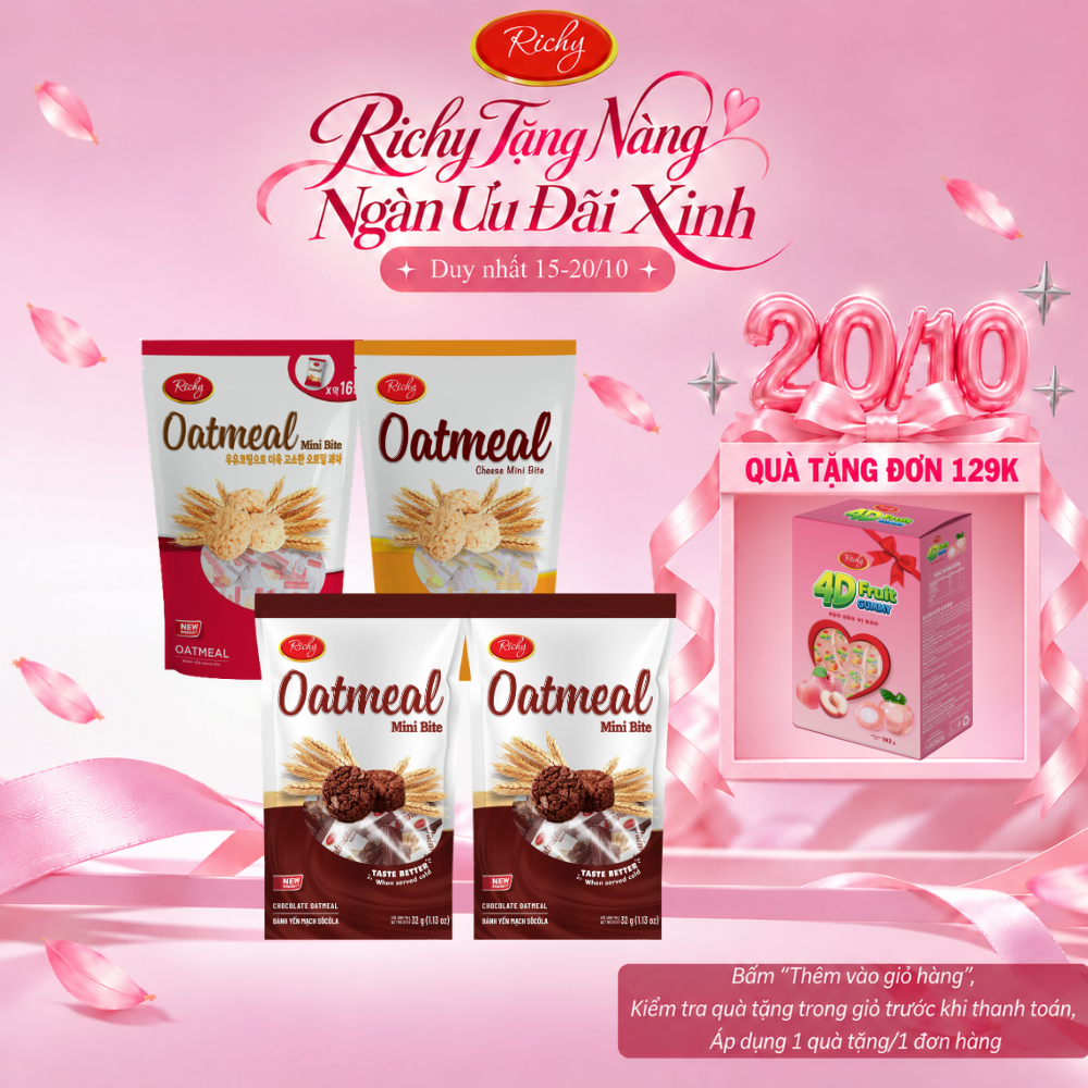 [HỎA TỐC HN] [Quà Tặng Đơn 129k] Combo 4 Túi Bánh Yến Mạch Richy Mini Bite Oatmeal Vị Sữa, Phô Mai & Socola