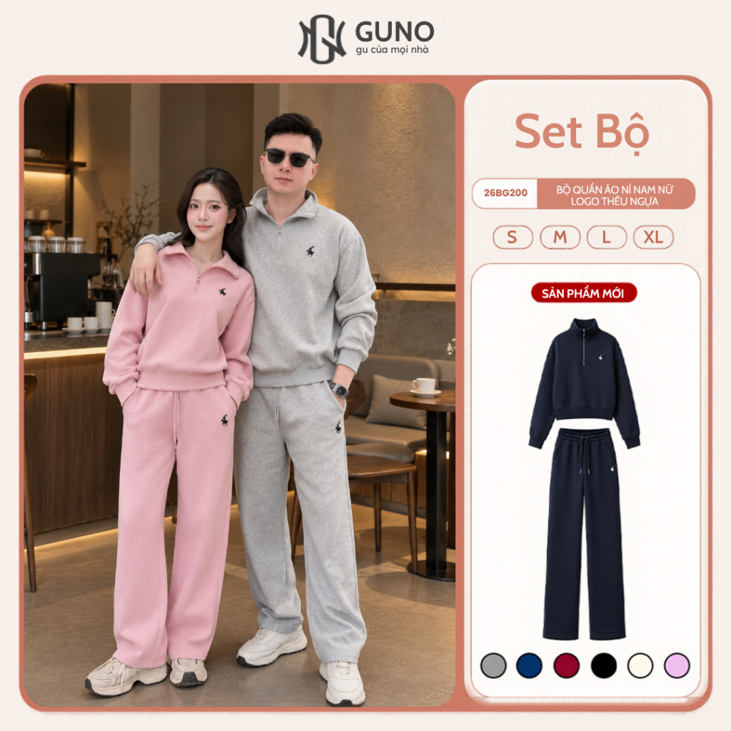 Bộ Quần Áo Nỉ Thu Đông Cao Cấp Nam Nữ GUNO Cổ Khóa Thêu Ngựa Kèm Quần Suông Hack Dáng 26BG200/BB230
