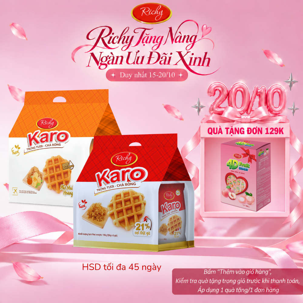 [HOẢ TỐC HN] [Quà Tặng Đơn 129k] Combo 2 Bịch Bánh Richy Karo Hoàng Kim Phô Mai, Sợi Gà Truyền Thống & Trứng Sữa