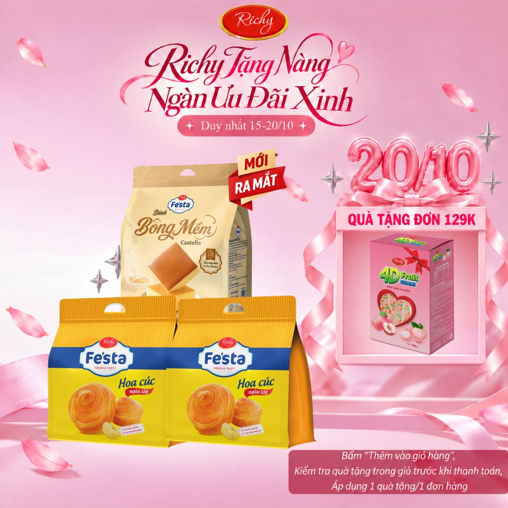 [HỎA TỐC HN] [Quà Tặng Đơn 129k] Combo 3 túi bánh mì hoa cúc ngàn lớp Festa Richy & Bánh Bông Mềm Castella[3 bánh/túi]