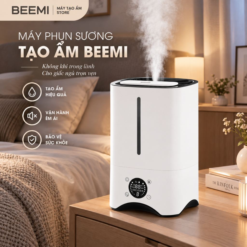 Máy Phun Sương Tạo Ẩm BEEMI Dung tích 5 lít, Máy Tạo Ẩm Cao Cấp Công Suất 25W Có điều khiển từ xa