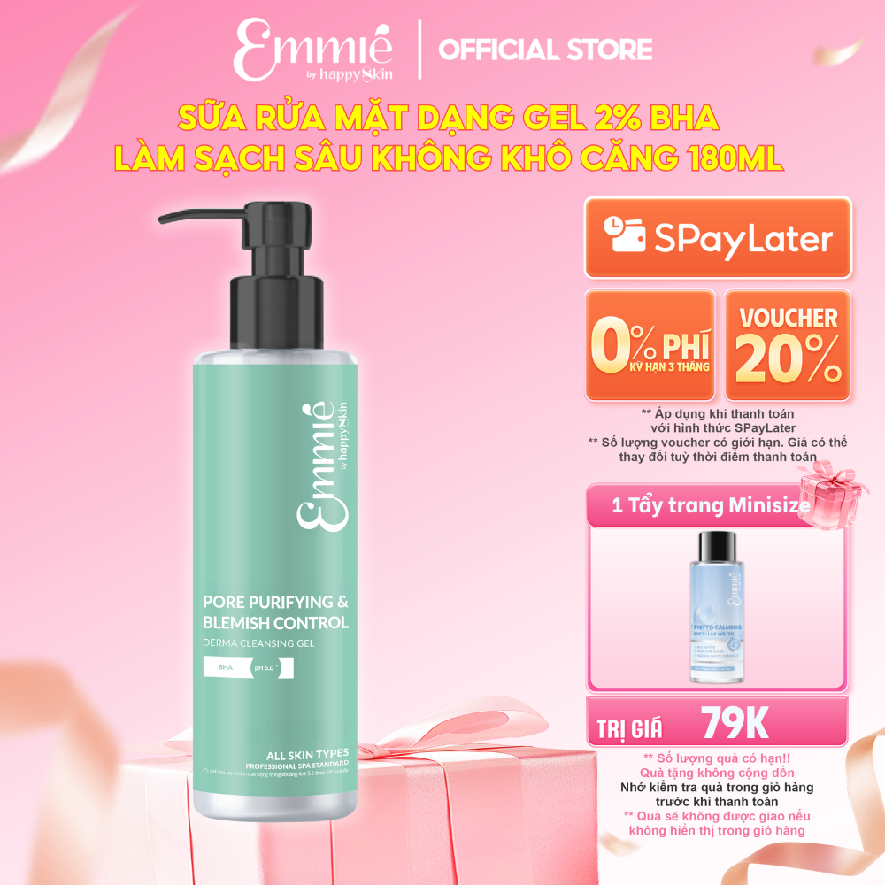 Sữa rửa mặt cho da dầu mụn Emmie 2% BHA Sạch Sâu Kiểm Soát Mụn Thông Thoáng Lỗ Chân Lông - Dạng Gel Dịu Nhẹ Chai 180ml