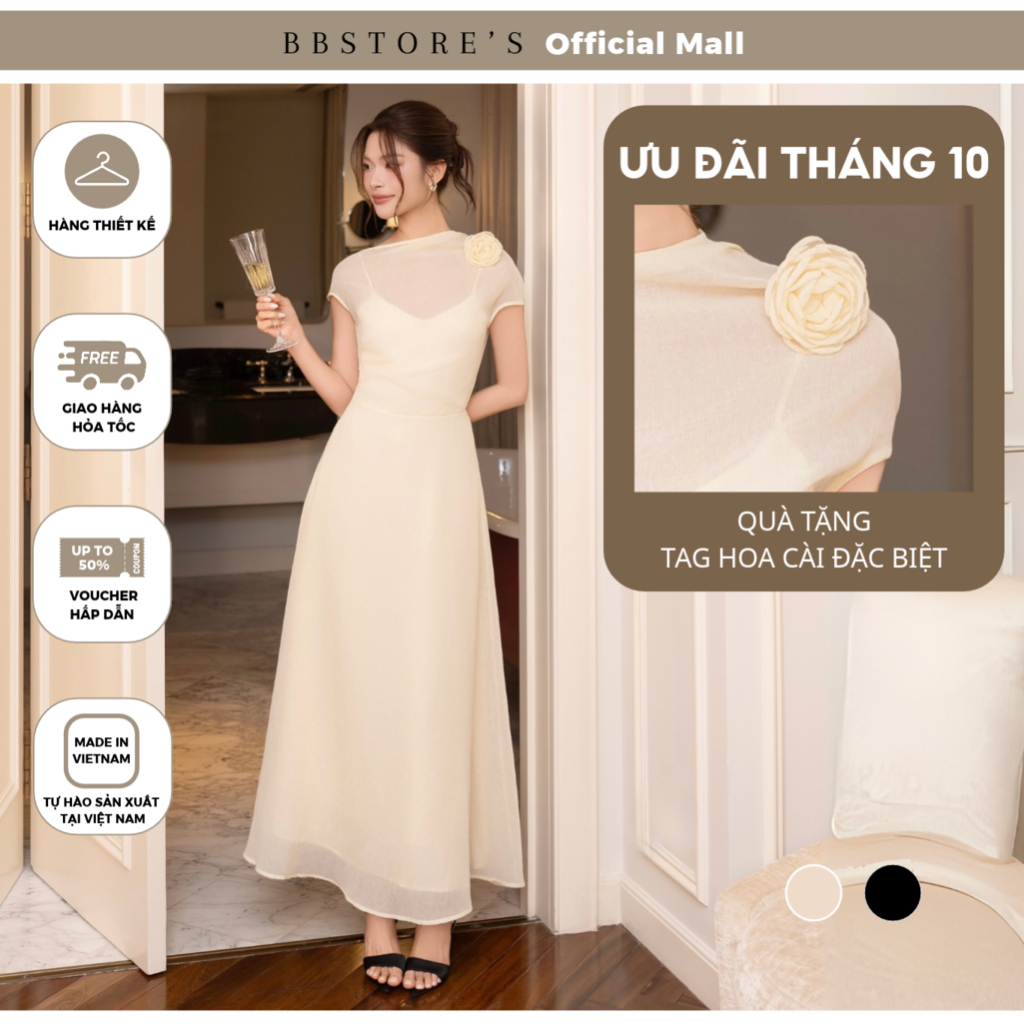 BBSTORE'S Đầm Đi Dự Tiệc Nữ Váy Dài Cổ Thuyền Linen Tơ Dáng Chữ A Xòe Thiết Kế Cao Cấp Sang Chảnh - D4529T