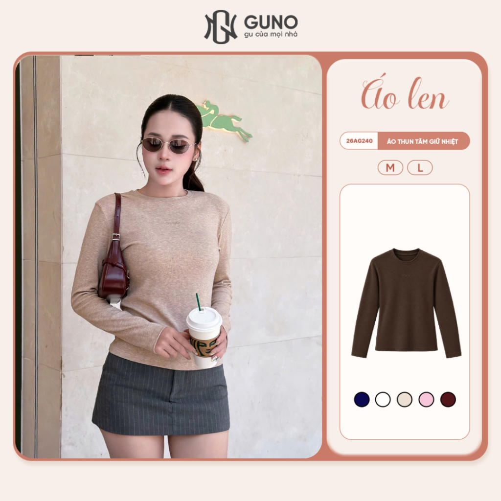 Áo Thun Tăm Nữ GUNO Dài Tay Cổ Tròn Mềm Mịn Giữ Ấm Co Dãn Tốt Dáng Ôm Áo Giữ Nhiệt Mùa Đông 26AG240
