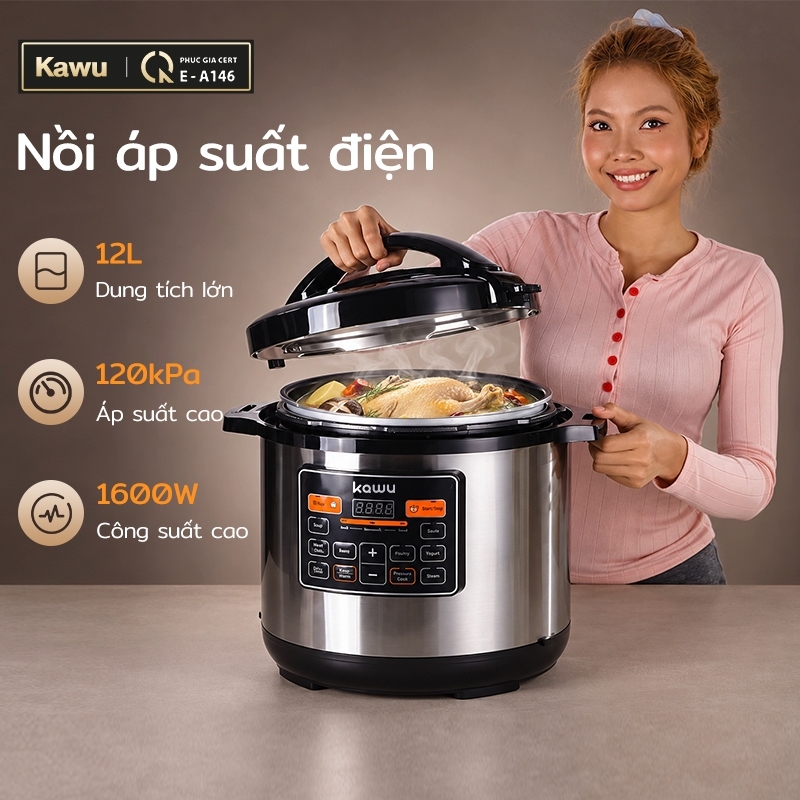 Nồi áp suất điện Kawu 12L áp suất cao nấu nhanh hầm nhừ đa năng tiết kiệm điện 1300W