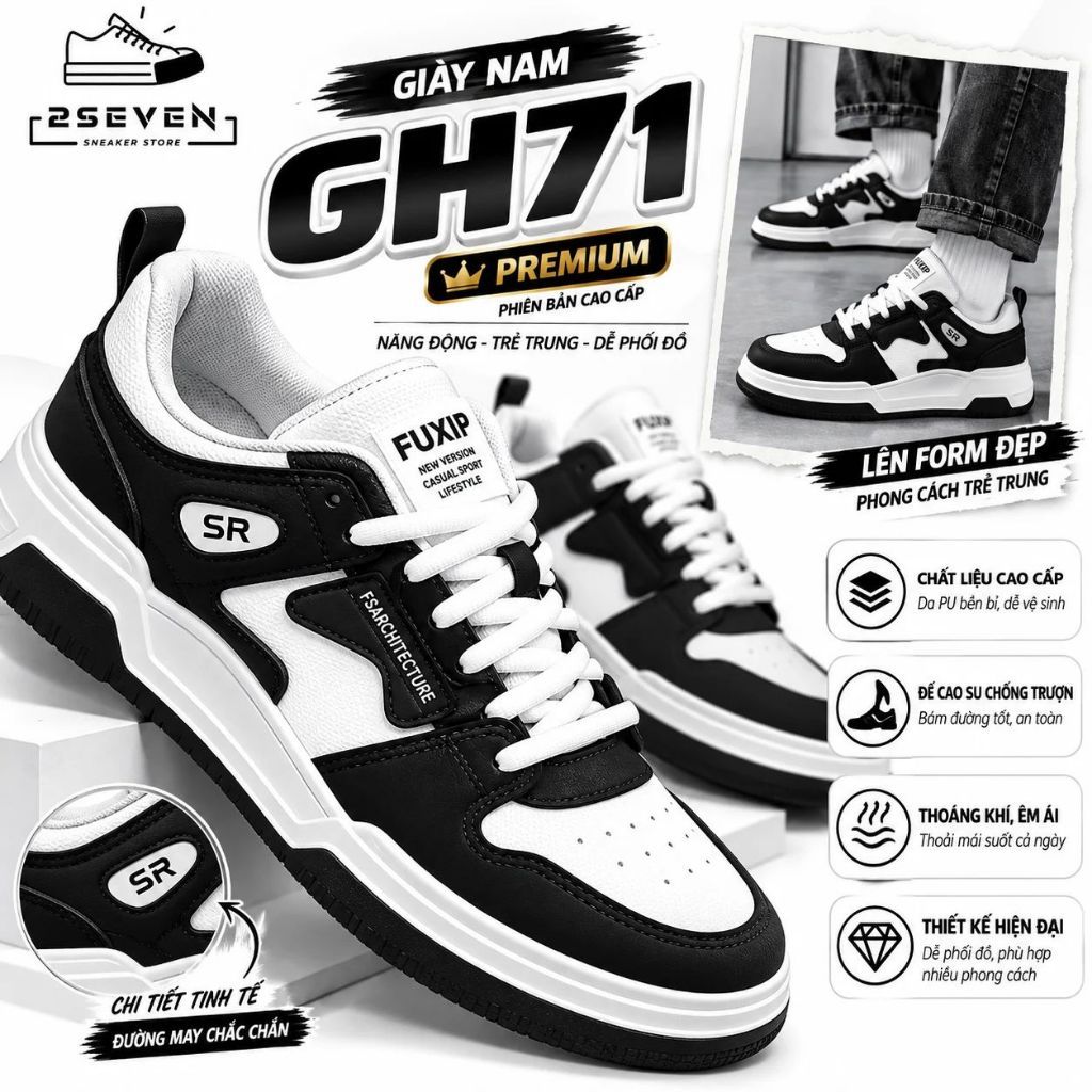 Giày Nam Sneaker Thể Thao Trắng Đen Chất Liệu DA PU Cao Cấp Phong Cách Hàn Quốc  - GH71 - 2SEVEN