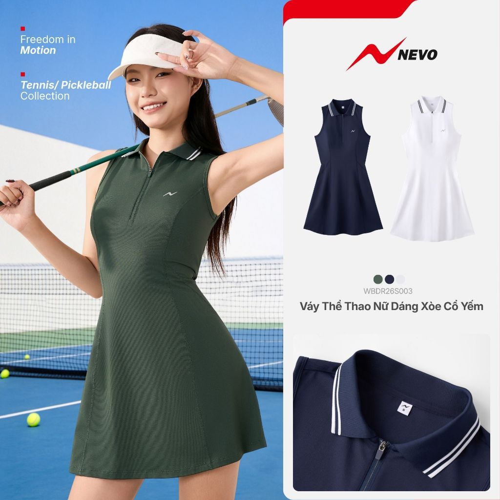 Váy Thể Thao Nữ NEVO Dáng Xòe Cổ Yếm Khoét Vai Cổ Zip Tập Tennis/Golf/Picklebal WBDR26S003