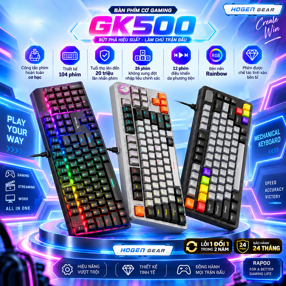 Bàn Phím Cơ Gaming Rapoo GK500,V501,ESK750 | Đèn LED | Full Size | Chống Chàn nước | Bảo Hành 24 Tháng