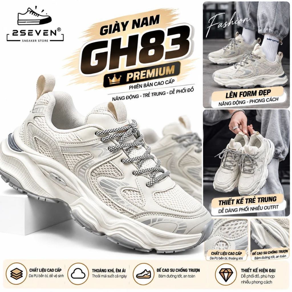 Giày sneaker nam đế dày lượn sóng độn đế 3-5cm - Màu kem basic dễ phối đồ – Phong Cách Streetwear GH83 - 2SEVEN