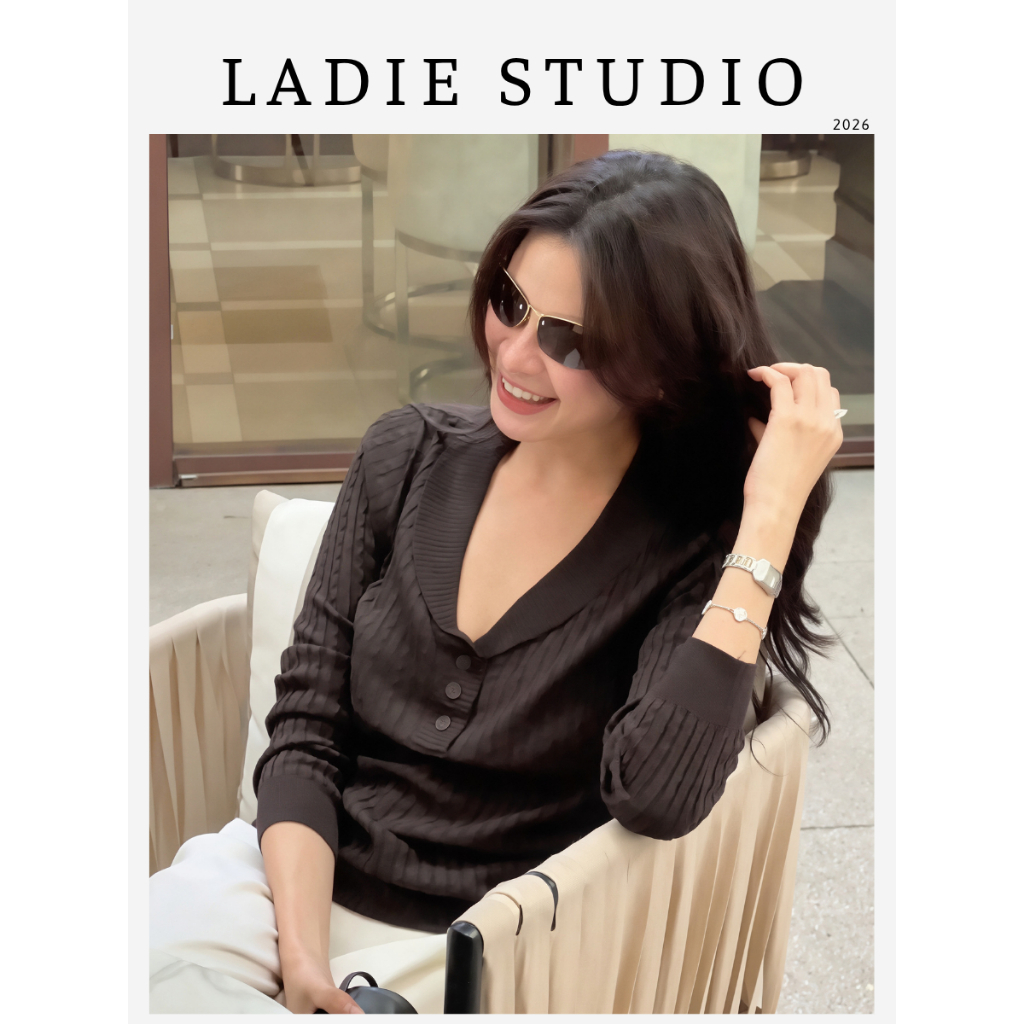 [LADIE STUDIO] Áo len cổ V có nút – áo nữ dệt kim ôm dáng phong cách cổ điển thanh lịch AO108