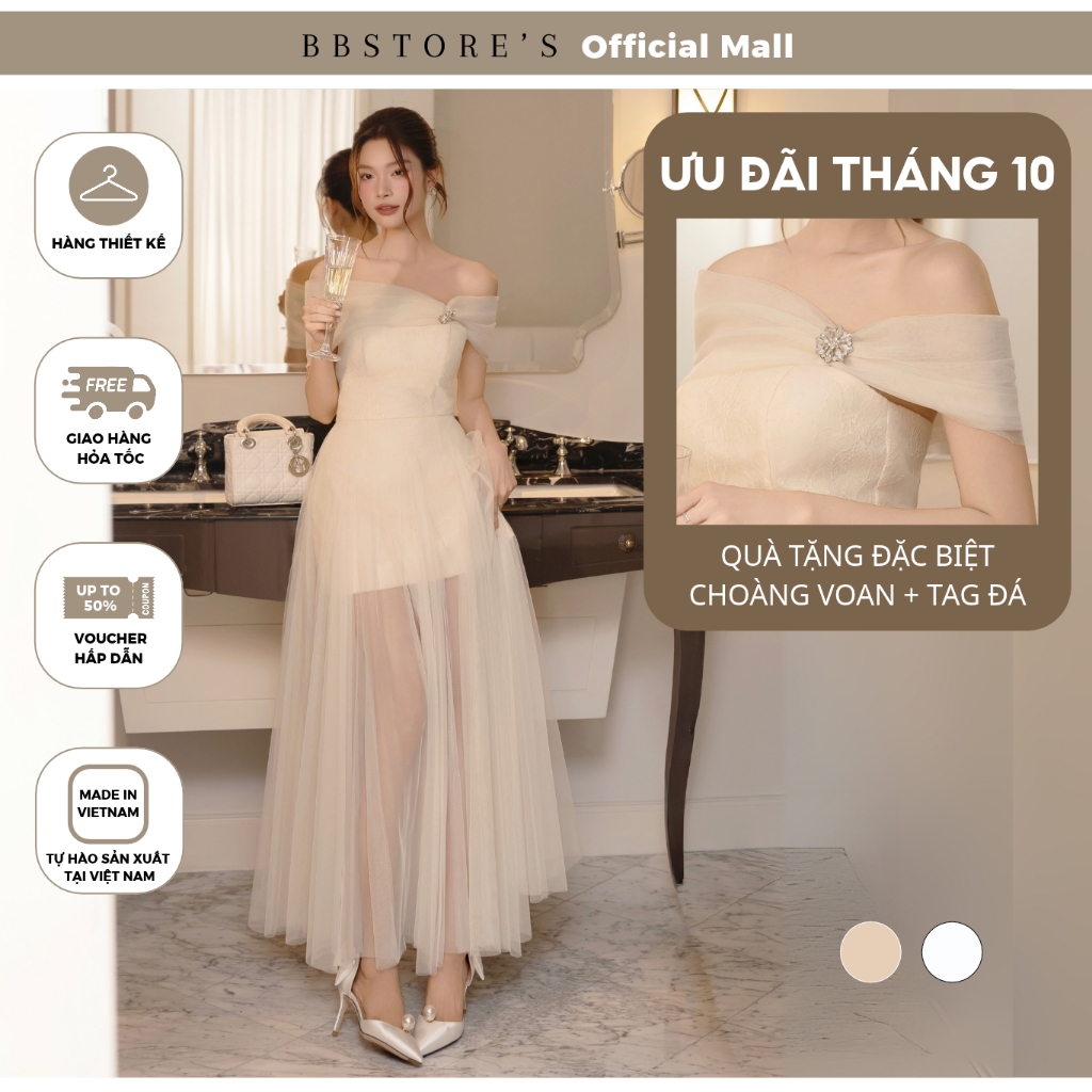 BBSTORE'S Đầm Đi Dự Tiệc Nữ Váy Dài Cúp Ngực Ren Kim Sa Phối Lưới Dáng Xòe Thiết Kế Cao Cấp Sang Chảnh Đi Bàn - D4526A