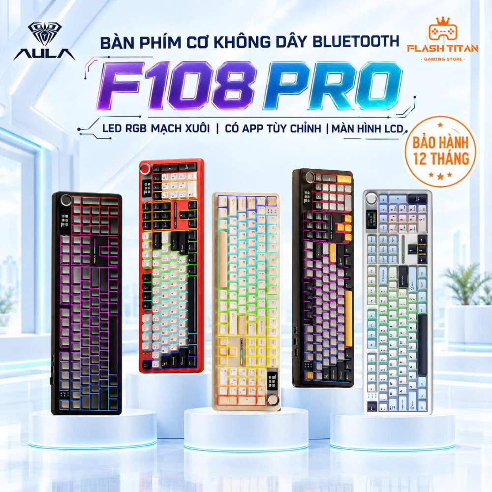 Bàn Phím Cơ Không Dây AULA F108 PRO Fullsize Kết Nối Bluetooth Dùng Cho PC, Laptop Chơi Game Văn Phòng, Có màn hình LCD