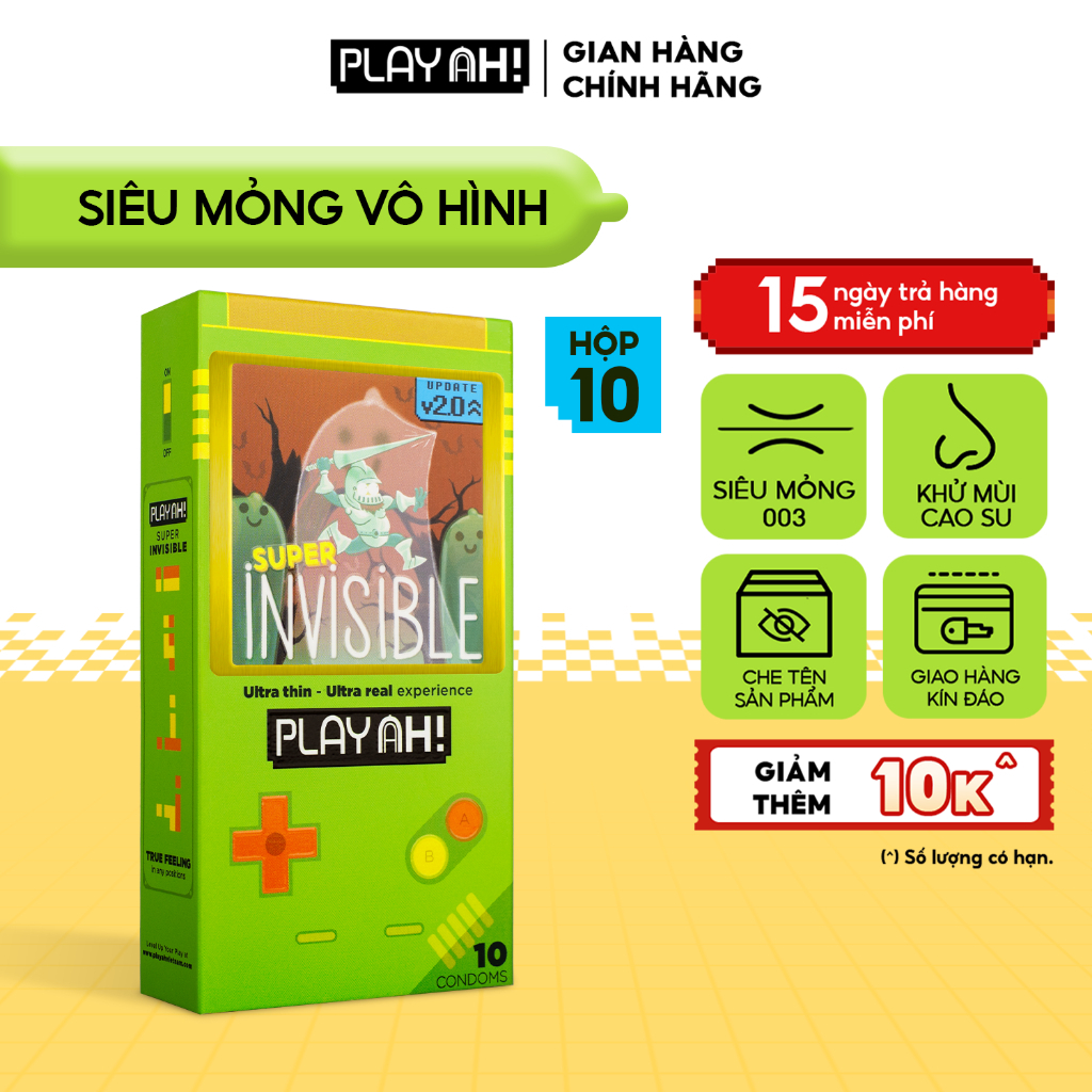 Bao Cao Su PlayAh Super Invisible Siêu Mỏng/ Nhiều Gel/ Kéo Dài Thời Gian/ Có Gai Hộp 10 size 52mm