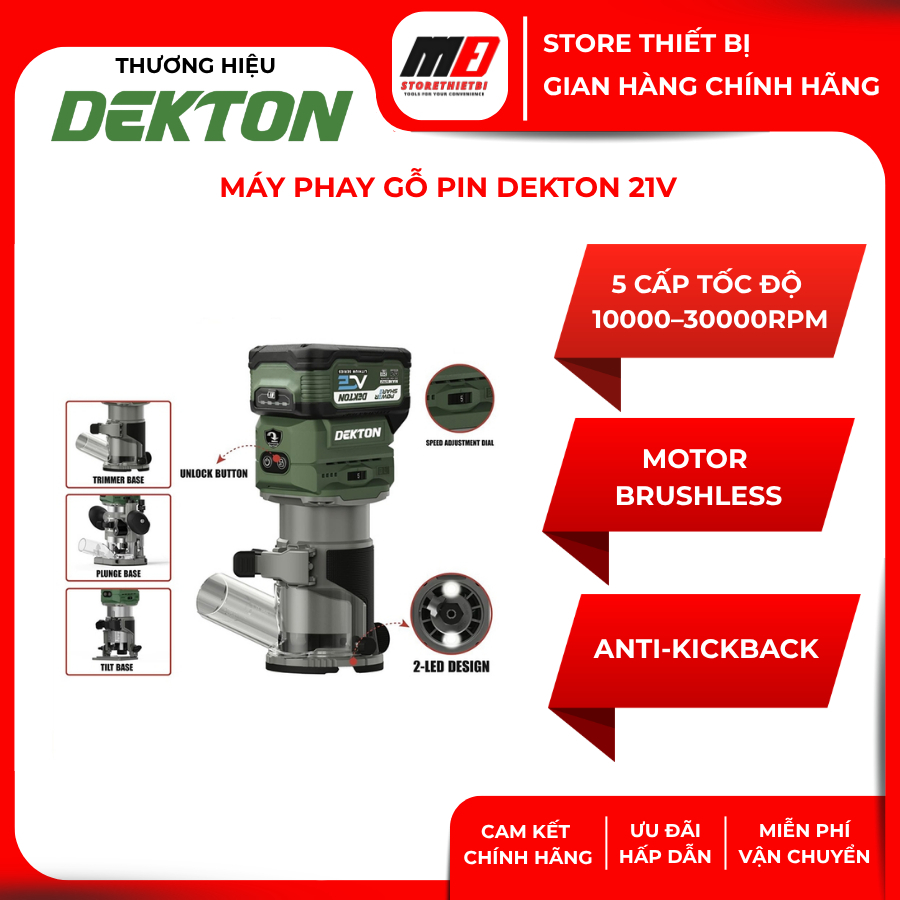 Máy Phay Gỗ Pin DEKTON M21-MS635XPRO 21V Brushless 6.35mm 5 Tốc Độ 30000RPM Anti-Kickback