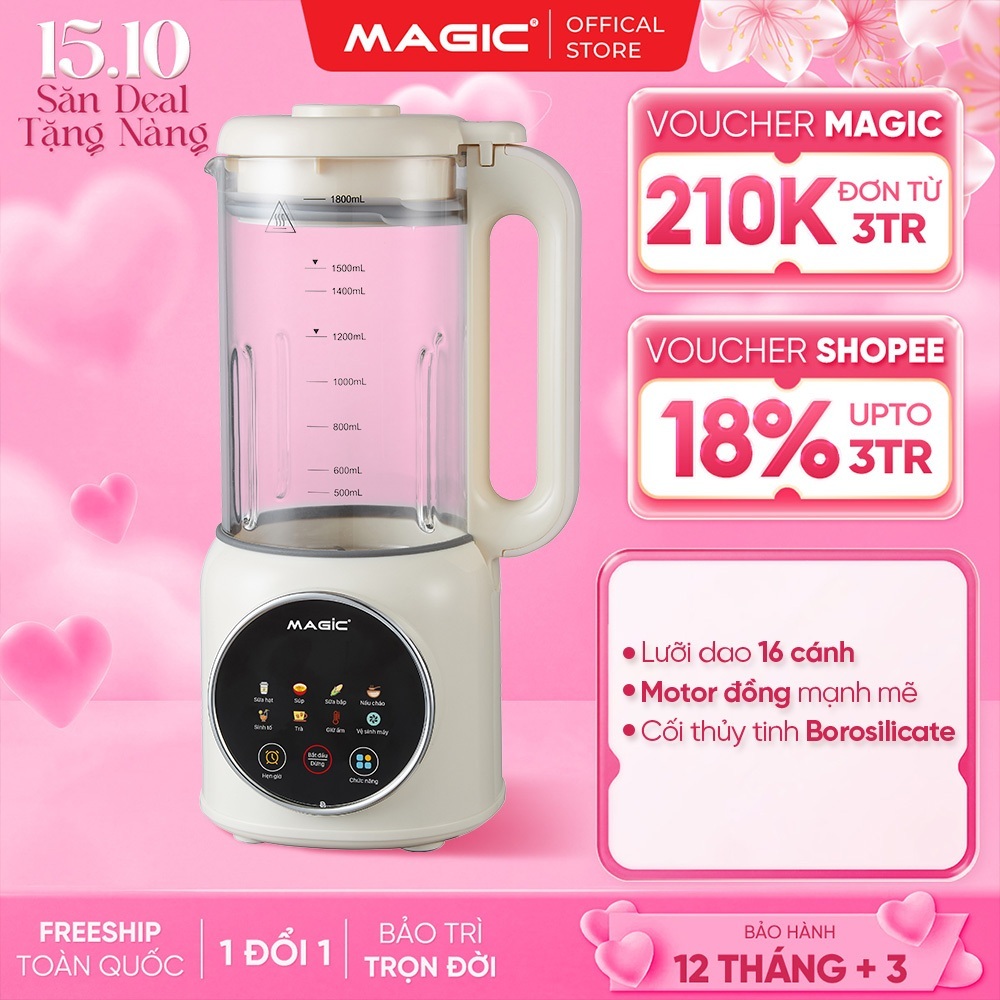 Máy Làm Sữa Hạt Magic A-104 1.8L, 16 Lưỡi Dao Inox 304, Cối Thủy Tinh Borosilicate, 8 Chức Năng Xay Nấu