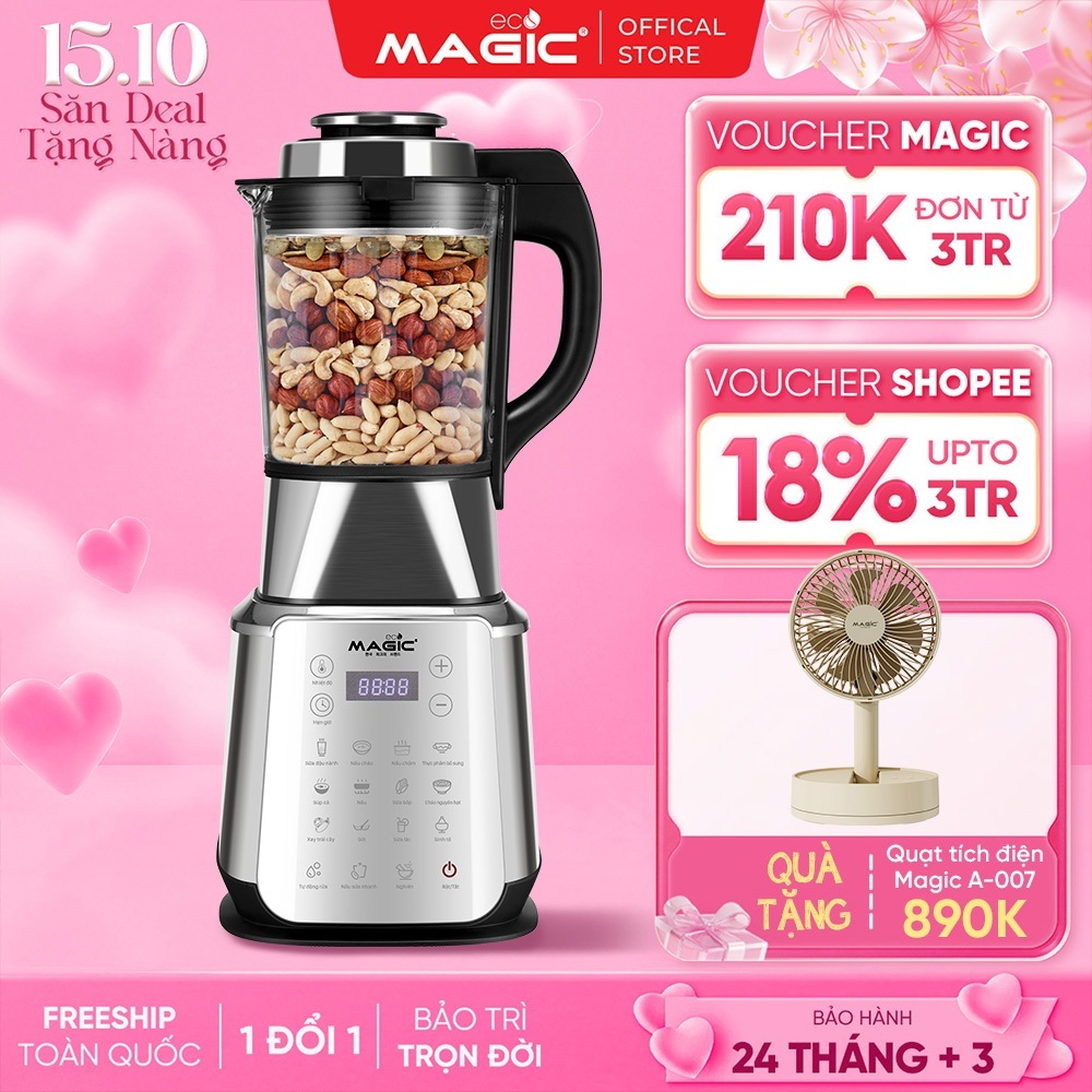 Máy Làm Sữa Hạt 15 Chức Năng 1,75L Magic Eco AC-145, Tự Động Vệ Sinh, Lưỡi Dao 8 Cánh Thép Không Gỉ