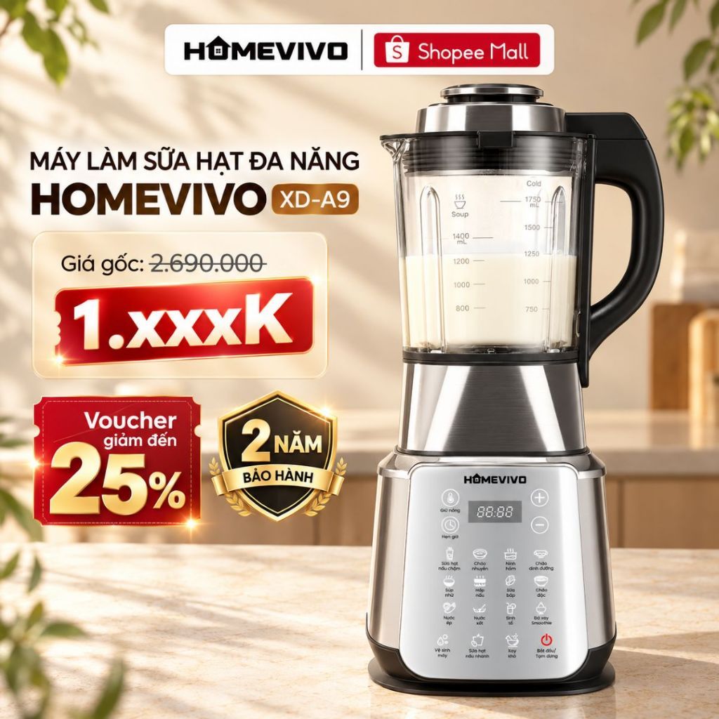 Máy Làm Sữa Hạt 1.75L HOMEVIVO XD-A9 - Xay Nấu Đa Năng - Xay Sinh Tố - 16 Chế Độ Xay Nấu Tự Động- 2000W - Bảo Hành 2 năm
