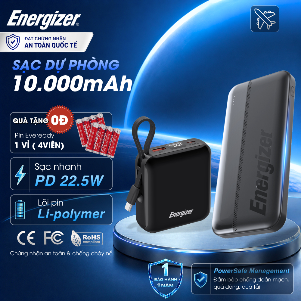 Pin dự phòng Energizer Li-polymer 10.000mAh Max 22.5W, Sạc nhanh PD cho iP/ Samsung, Bảo Hành 1 Năm