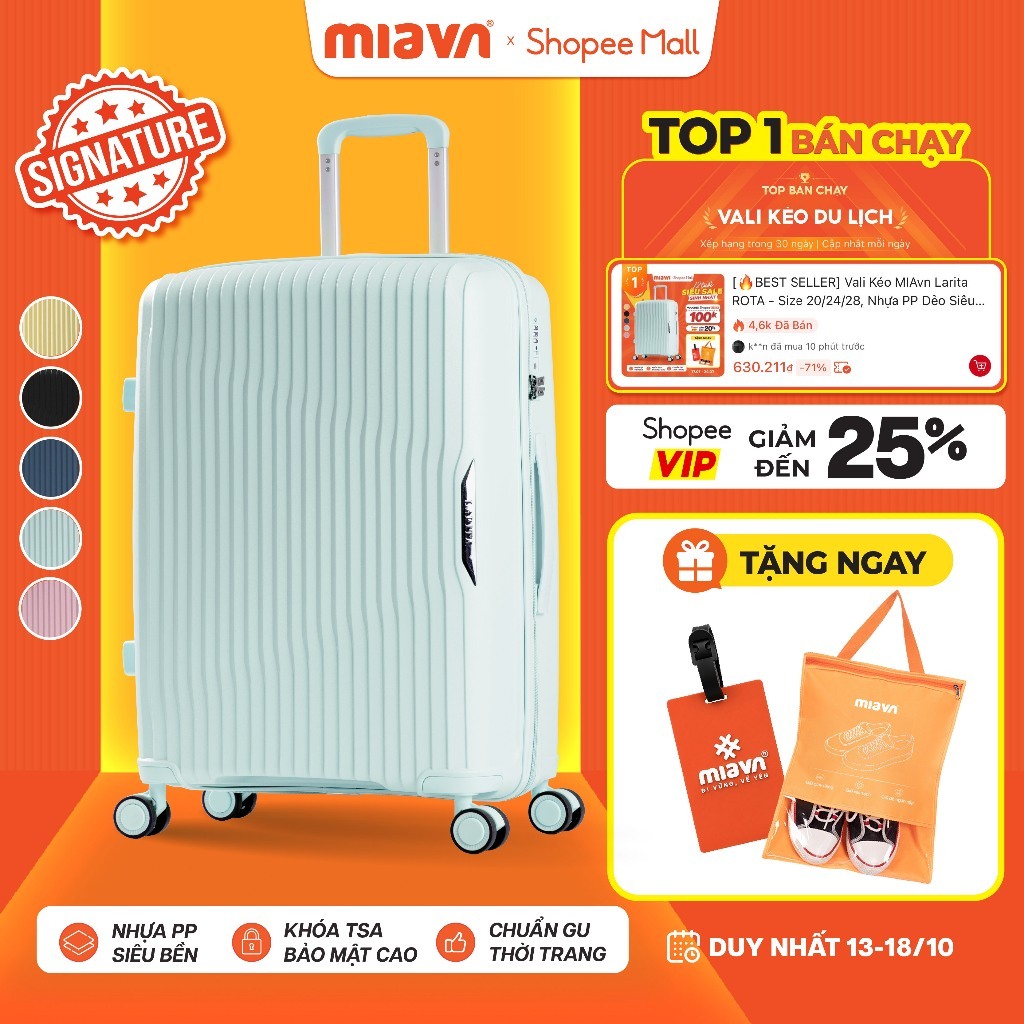 [🔥BEST SELLER] Vali Kéo MIAvn Larita ROTA - Size 20/24/28, Nhựa PP Dẻo Siêu Bền, Hạn Chế Bể, Khoá TSA, Bảo Hành Trọn Đời
