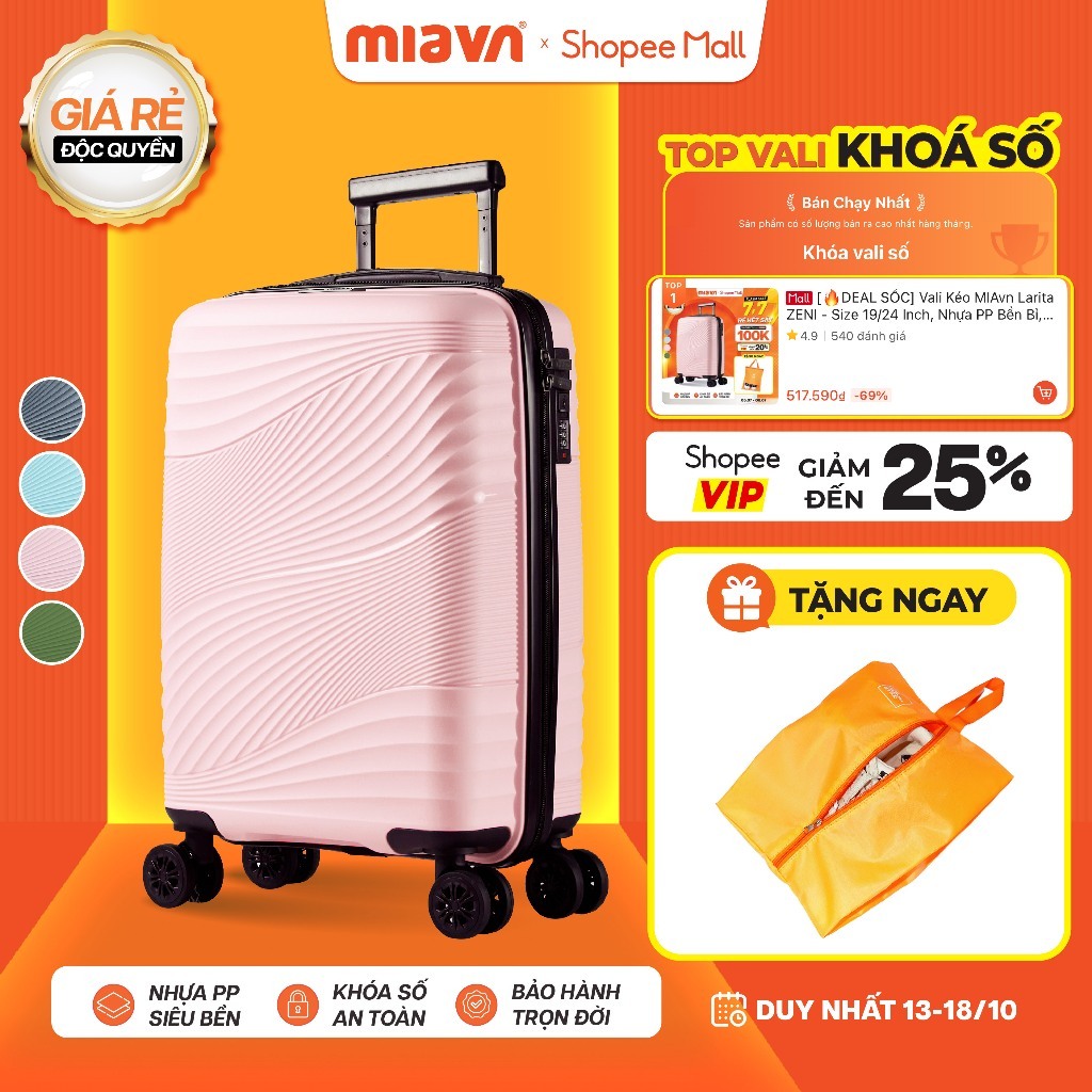 [🔥TOP DEAL] Vali Kéo MIAvn Larita ZENI - Size 19/24 Inch, Nhựa PP Bền Bỉ, Hạn Chế Bể Vỡ, Khoá Số, Bảo Hành Trọn Đời