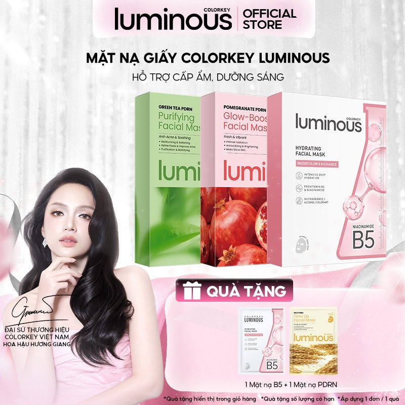 Mặt Nạ Colorkey Luminous | Vitamin B5/ Vitamin B3/ Trà xanh/ PDRN| Hỗ trợ dưỡng ẩm, sáng da, giảm dầu mụn| 10 miếng/Hộp