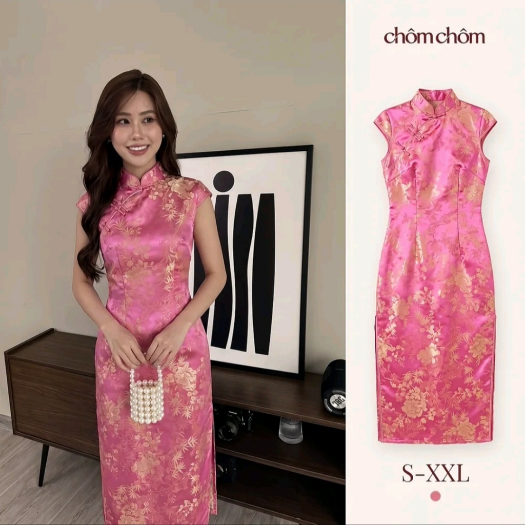 MEI · Đầm sườn xám gấm hoa cổ cao, khuy chéo dáng ôm nhẹ | CHÔM CHÔM