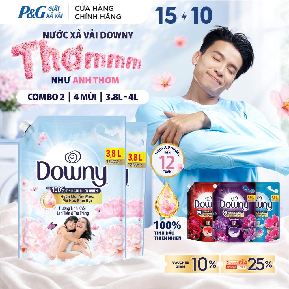 Combo 2 Nước Xả Vải DOWNY Hương Nước Hoa Cao Cấp/ Chống Khuẩn Hương Đam Mê/ Huyền Bí/ Nắng Mai Túi 4L