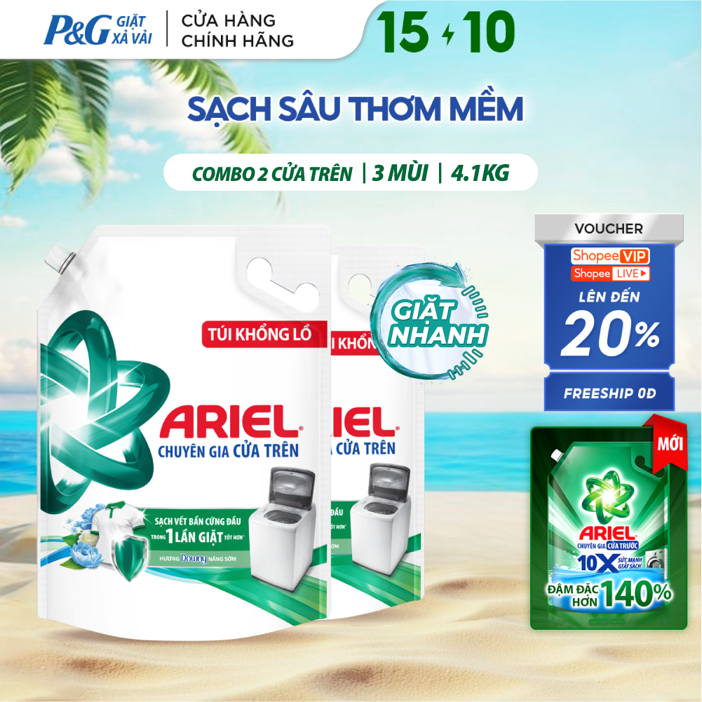 [V] Combo 2 Nước Giặt ARIEL Chuyên Gia Cửa Trên Ngăn Lem Màu Hương Downy Nắng Sớm/ Nước Hoa/ Oải Hương Túi 4.1KGx2