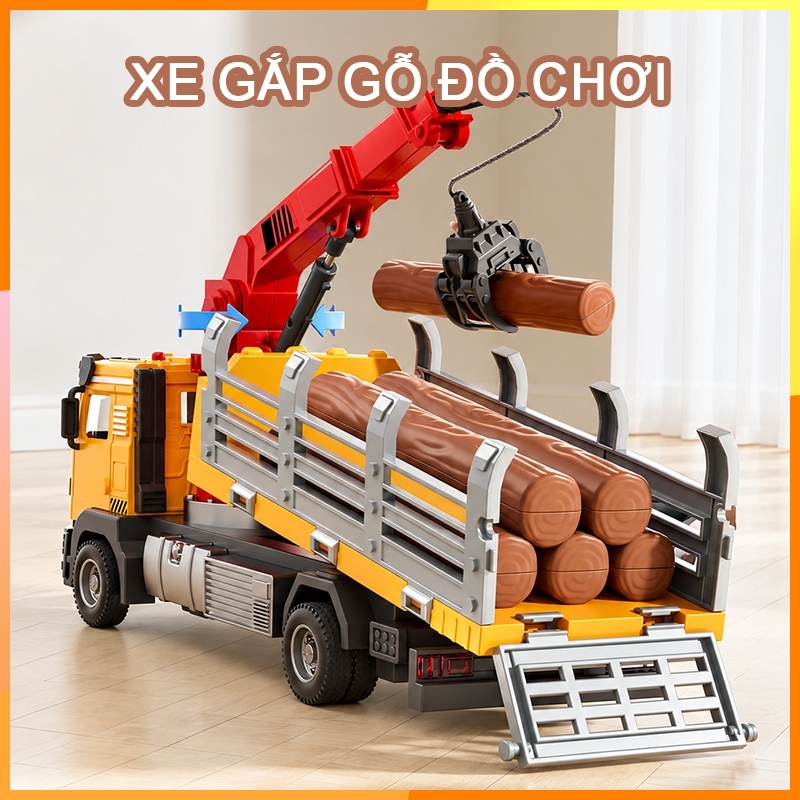 Moontoy Xe Tải Chở Gỗ Đồ Chơi Hợp Kim Có Cần Cẩu Gắp Gỗ, Xe Công Trình Cho Bé Trai