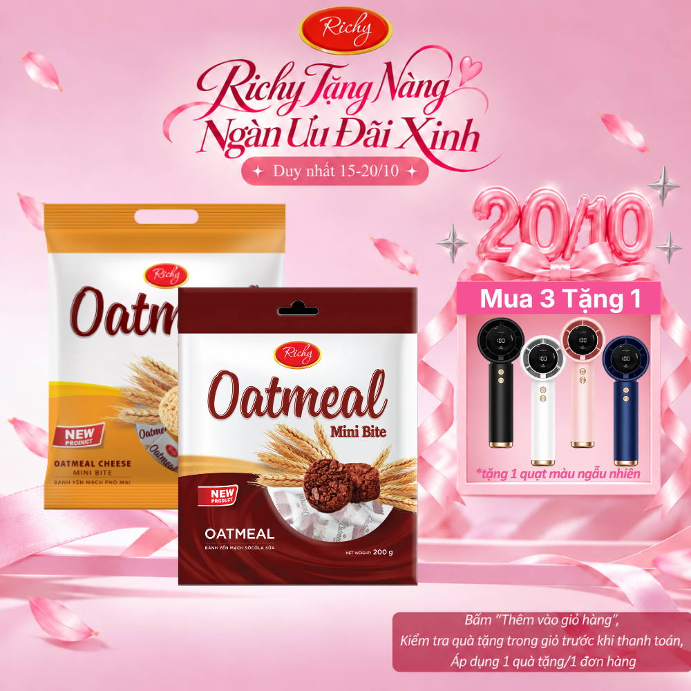 [HỎA TỐC HN] [MUA 3 TẶNG 1 QUẠT] Bánh Yến mạch Richy túi 200g 220g 250g Mini Bite (Sữa/Phô Mai/Socola)